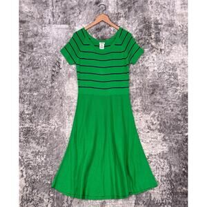 New J Peterman Dress 10 Womens Green Knit Stripe Retro Cotton Swing Midi